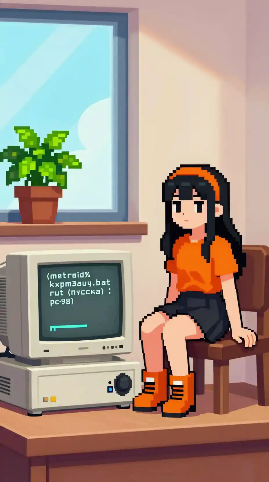Anime girl sitting by vintage pc 98 computer in room
