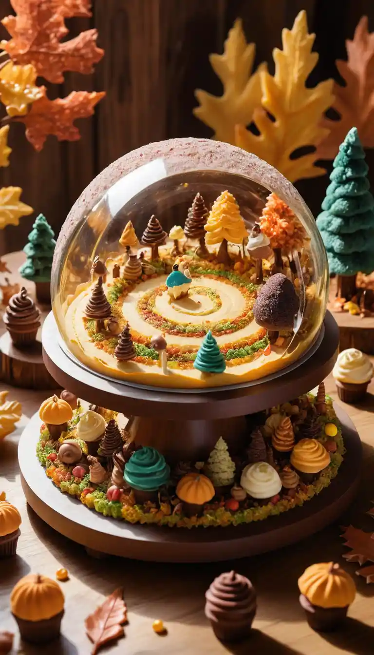 Fantasy dessert forest spiraling across a wooden table