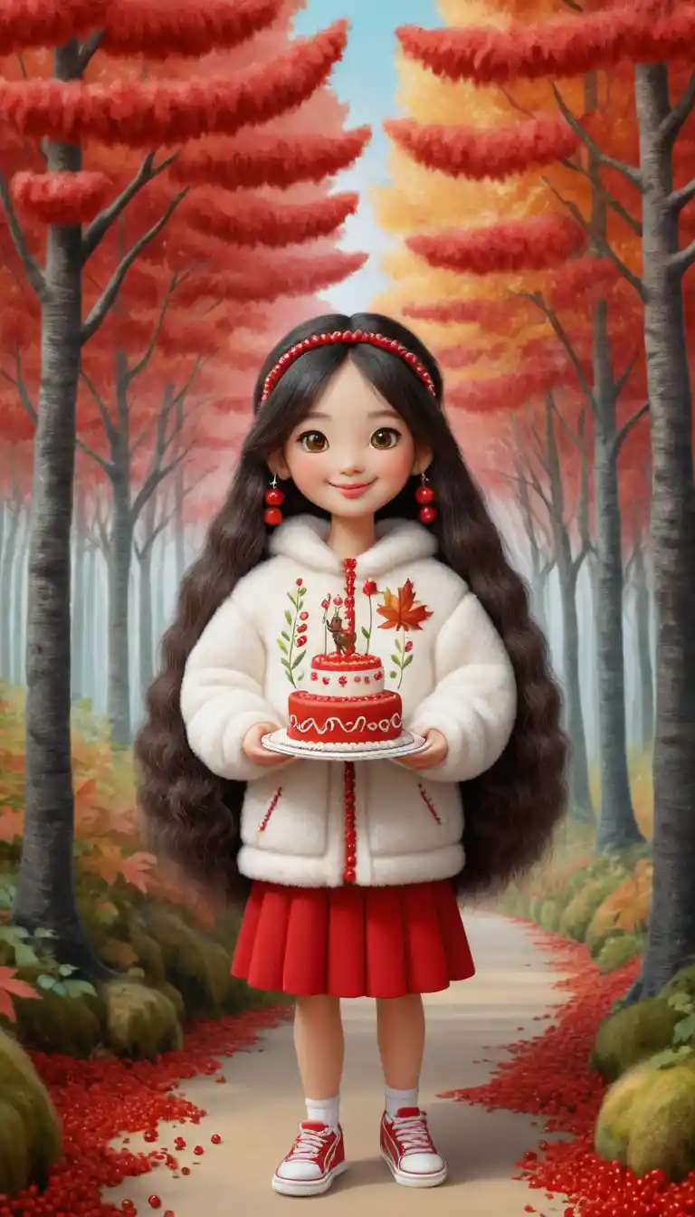 Fluffy cartoon girl with beaded hair holding a small cake