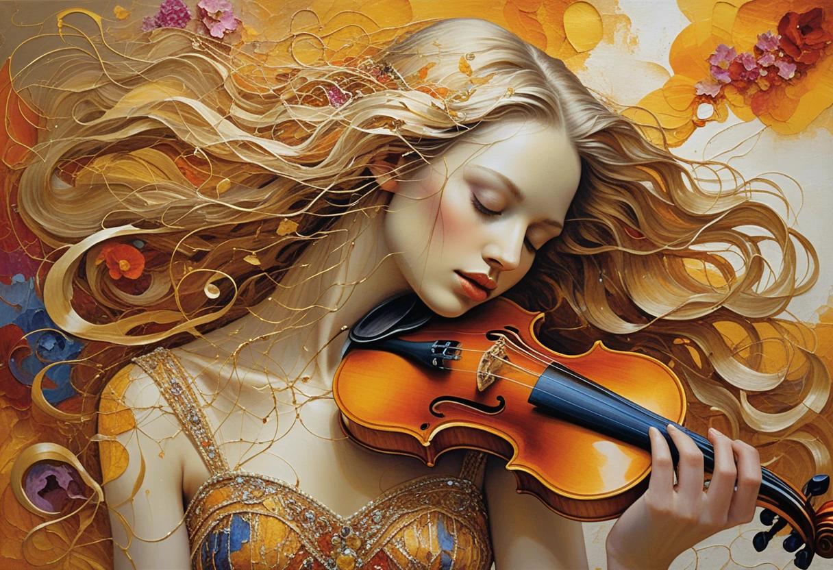 Serene golden haired woman with violin in fiery abstract
