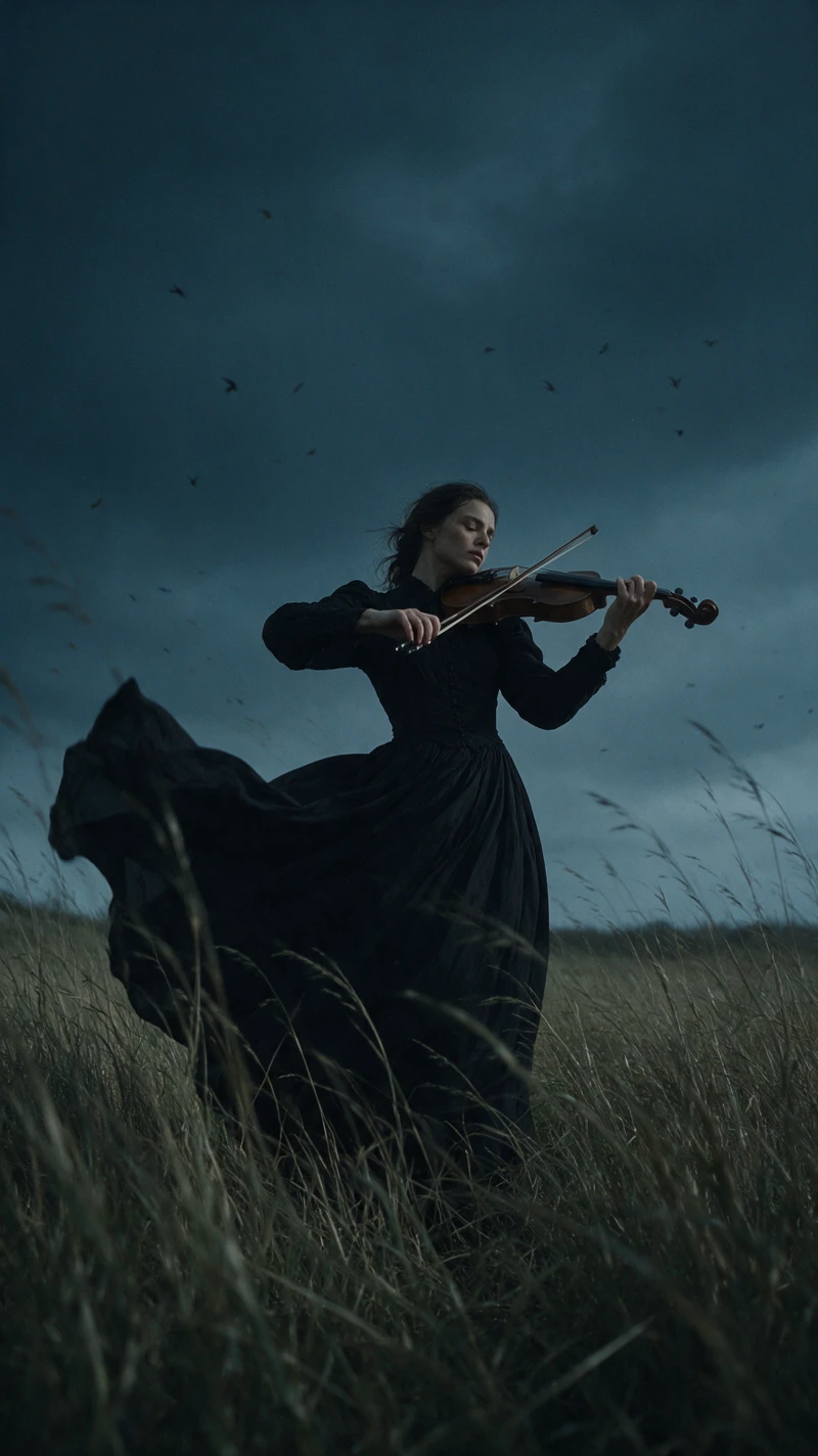 Woman in black dress playing violin in windy field