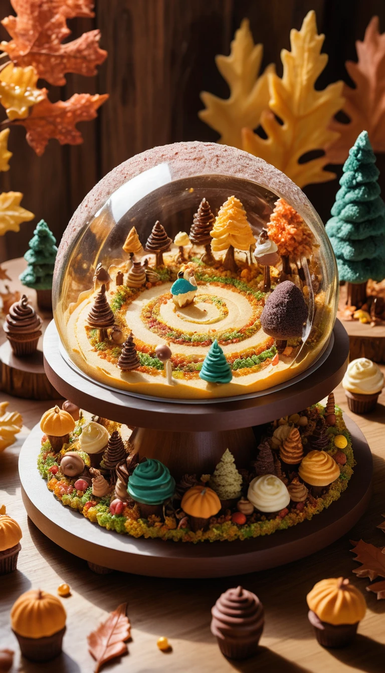 Fantasy dessert forest spiraling across a wooden table