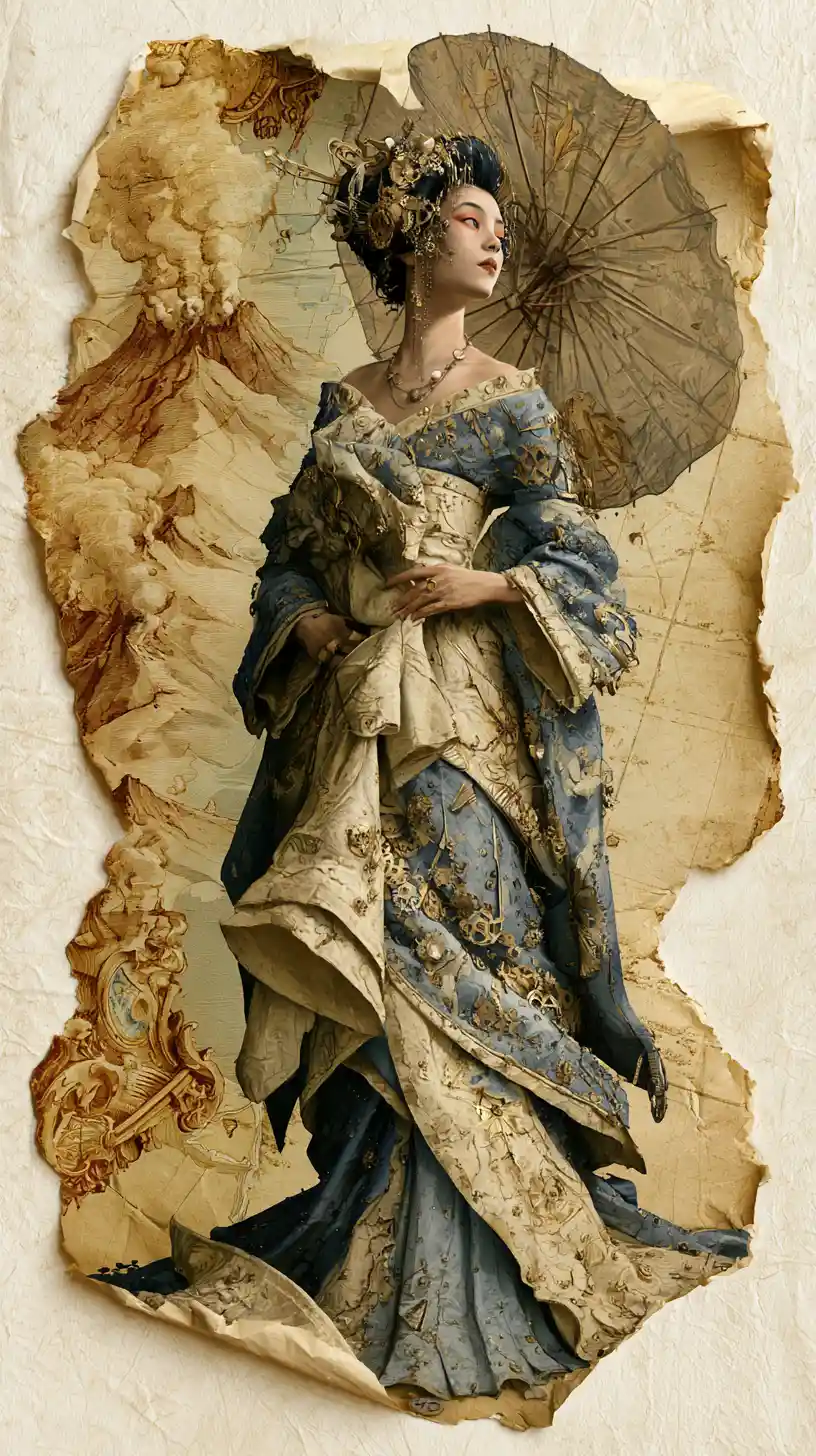 Steampunk geisha on a torn airship logbook page