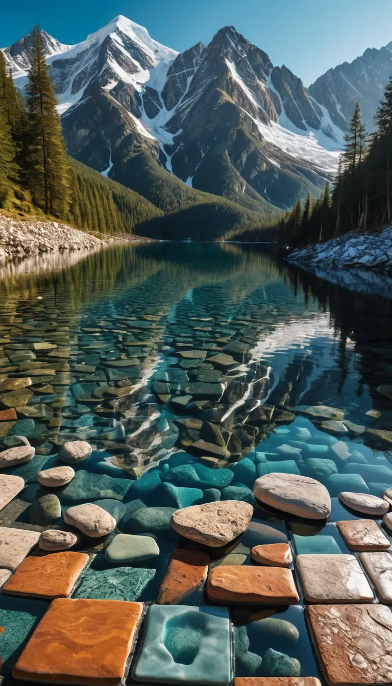 Sunlit mountain mosaic over a clear glacial lake