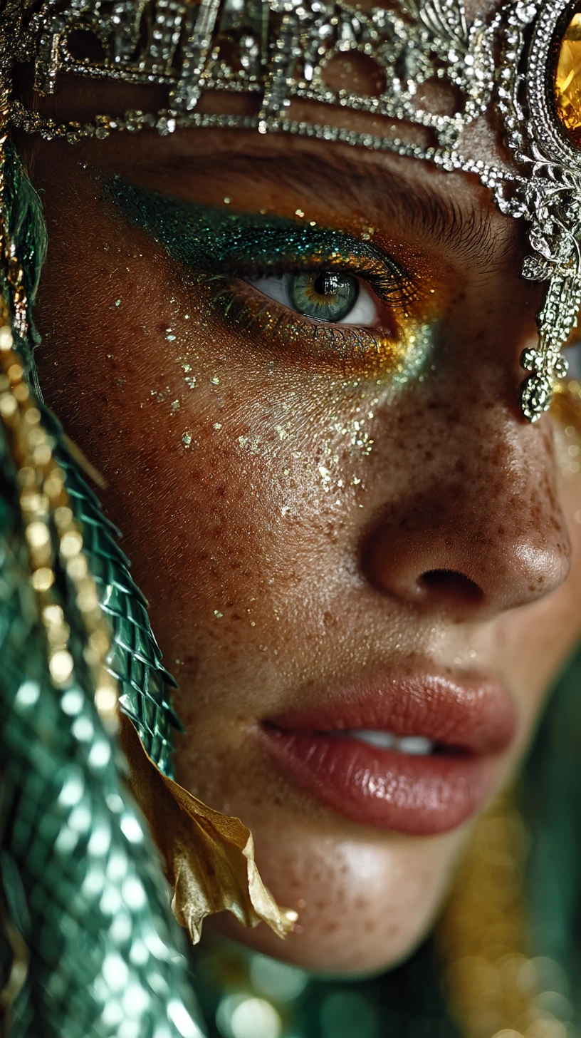 Regal empress portrait with emerald scales and amber crown