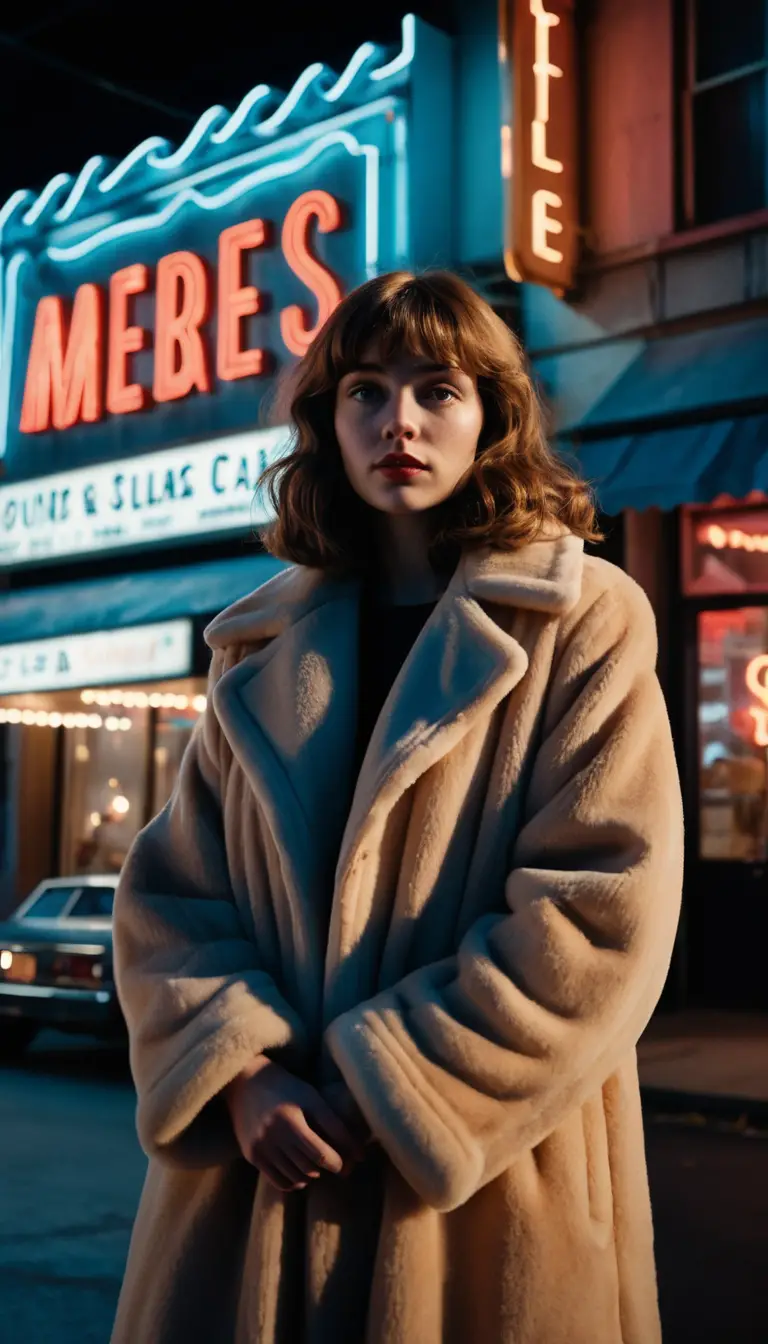 Woman in fur coat under neon lights at night