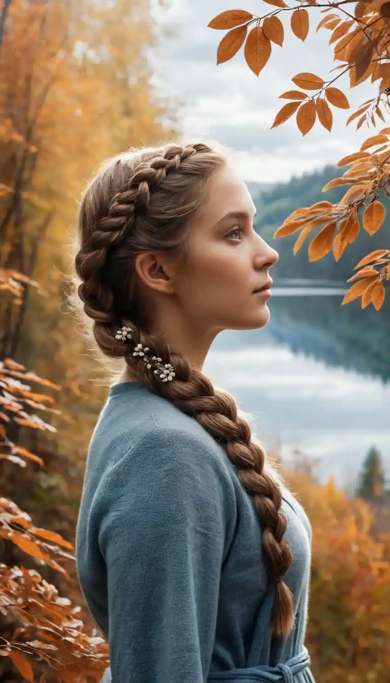 Young woman with braided hair in autumn fantasy scene
