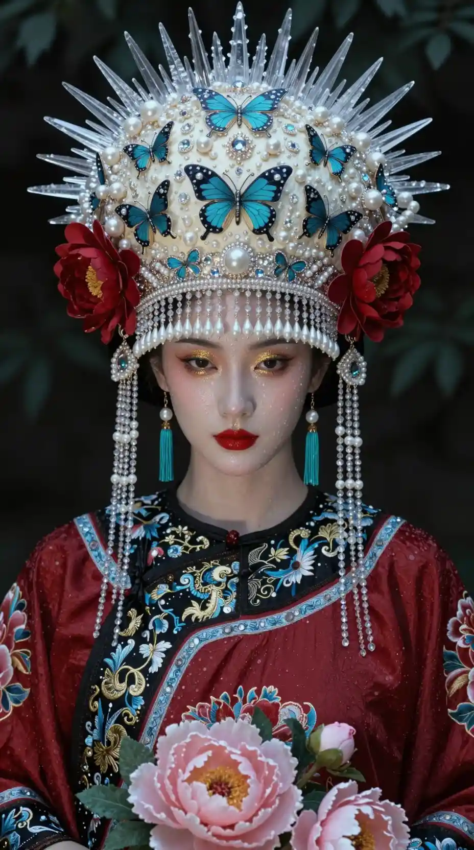 Cinematic portrait of an East Asian woman in jeweled headdress