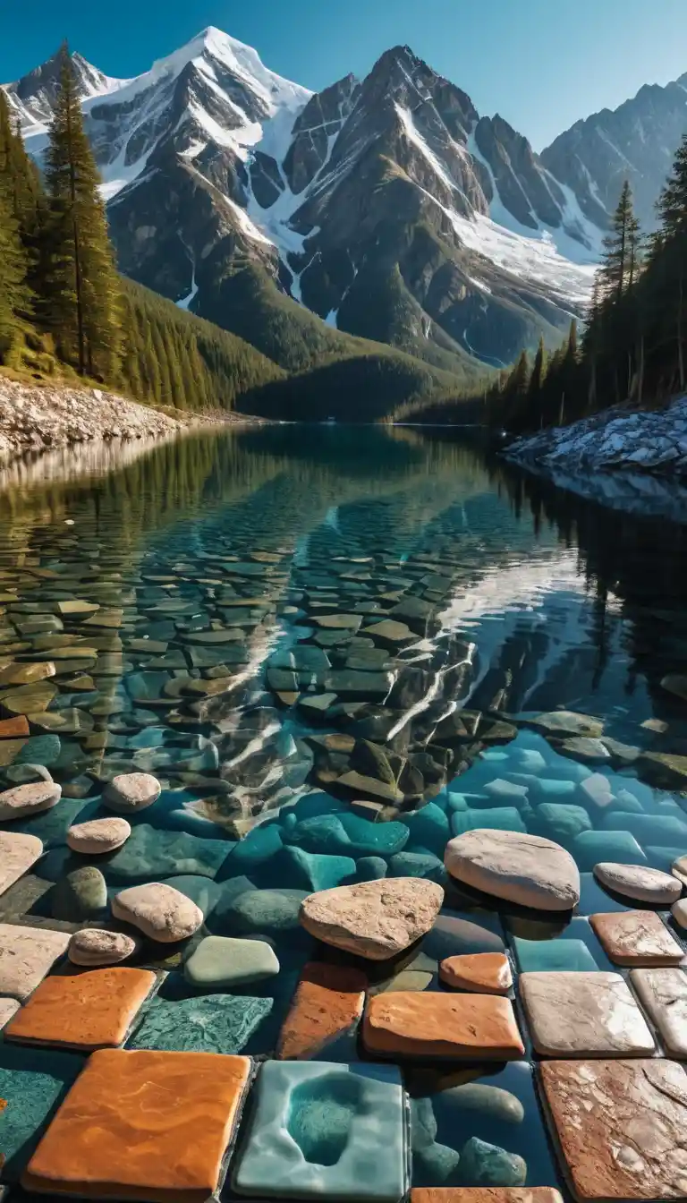 Mosaico de montanhas ao sol sobre um lago glacial cristalino