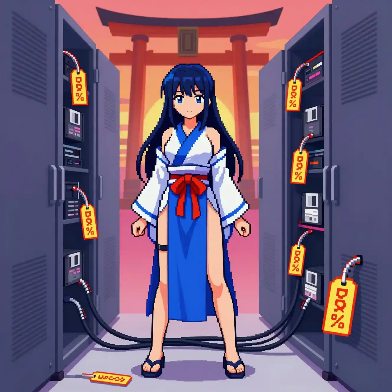 Pixel art anime shrine maiden in a futuristic server room