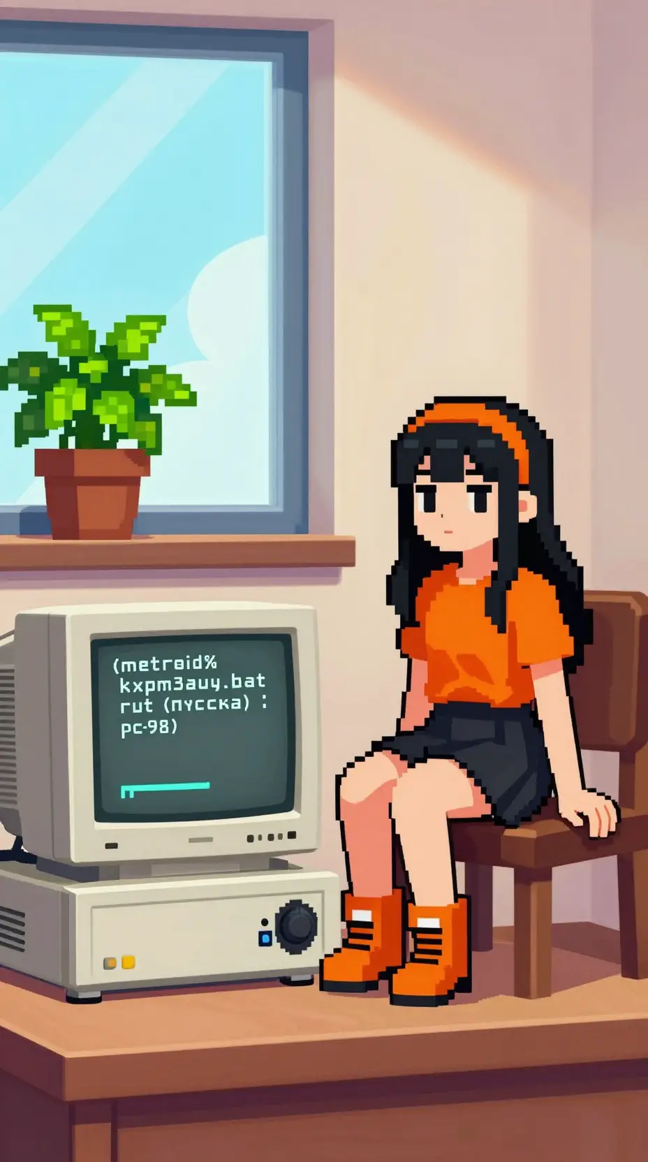 Anime girl sitting by vintage pc 98 computer in room