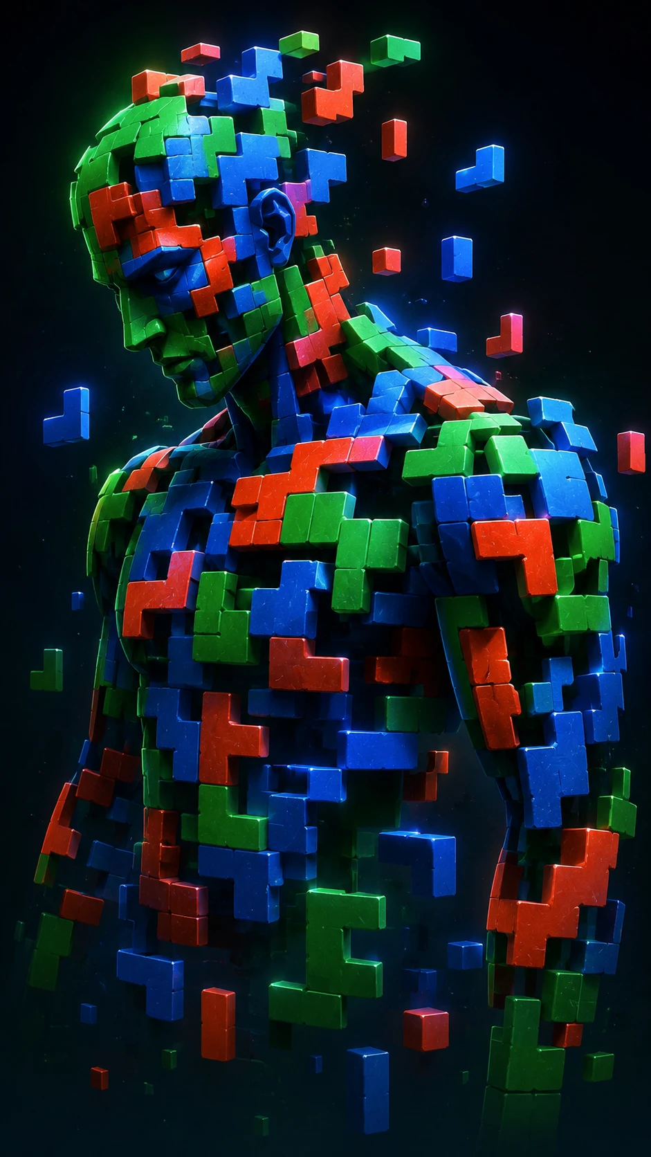 Abstract tetris like character built from floating colorful blocks