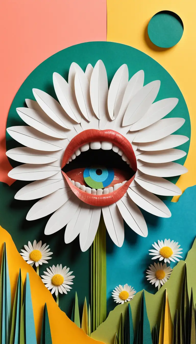 Surreal collage poster with shouting face and rainbow flow