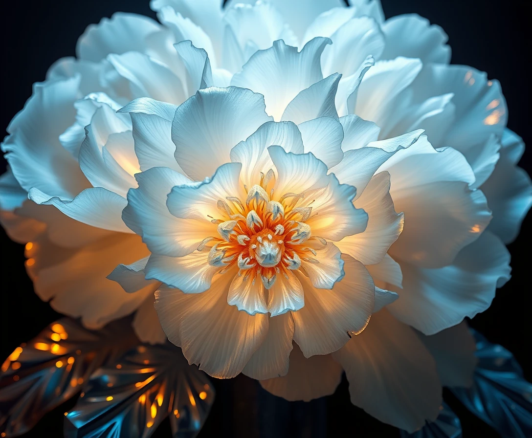 Crystal white peony flowers with iridescent reflective details