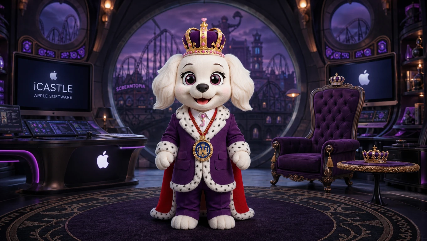 Dog mascot queen wearing regal suit and crown