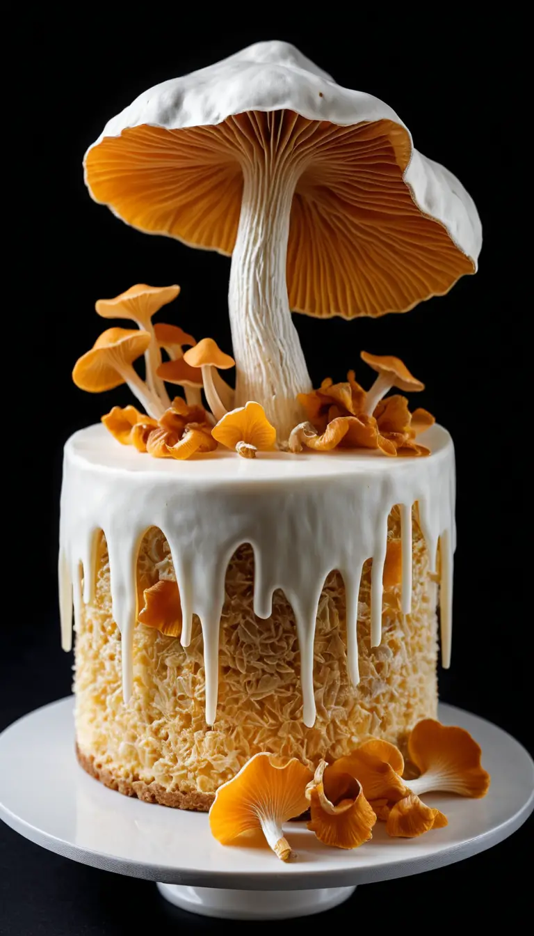 Glossy White Mushroom Shaped Cake On Black Background