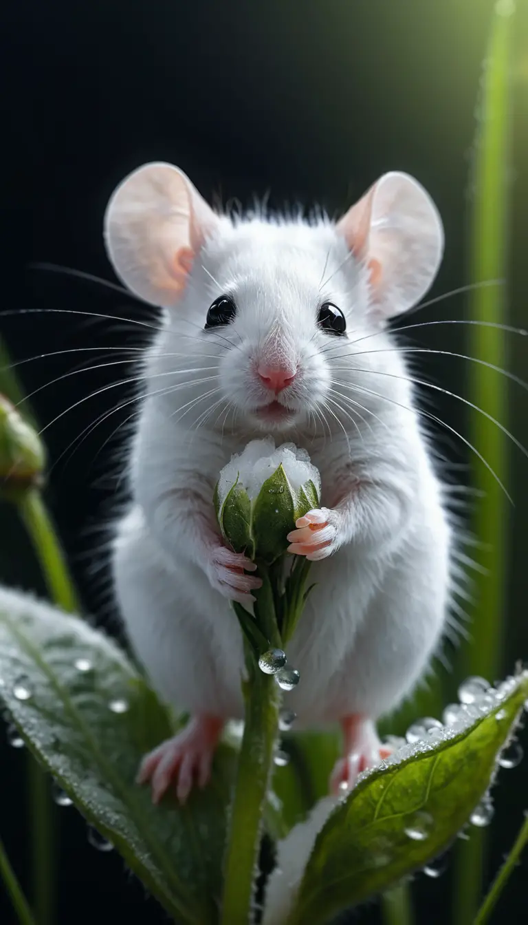 White mouse resting on a cotton bud among dewy grass