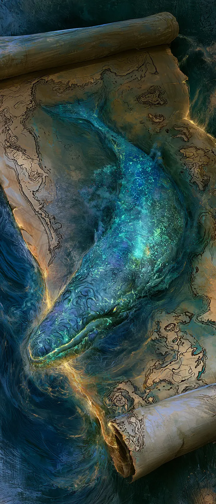 Bioluminescent Sea Monster Emerging From Ancient Map Portal