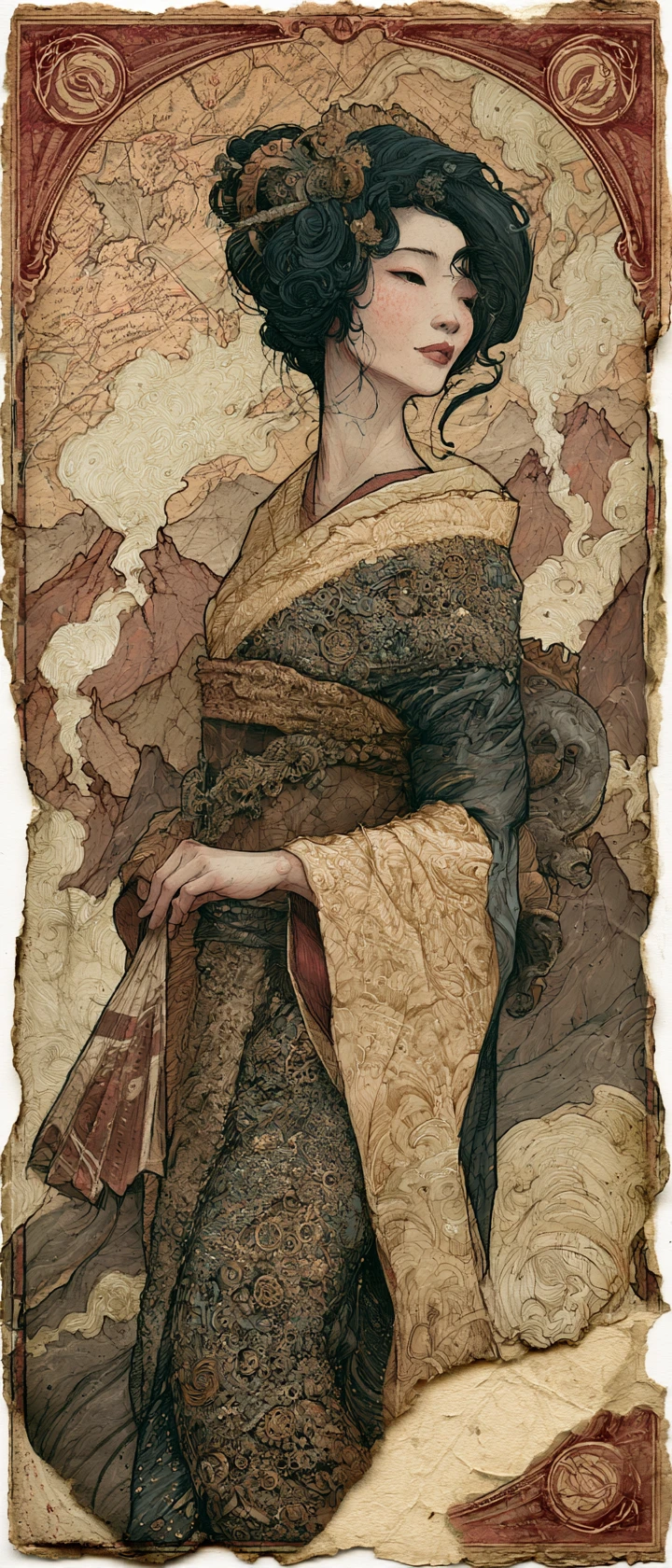 Geisha steampunk sur page déchirée de journal de bord de dirigeable - illustration