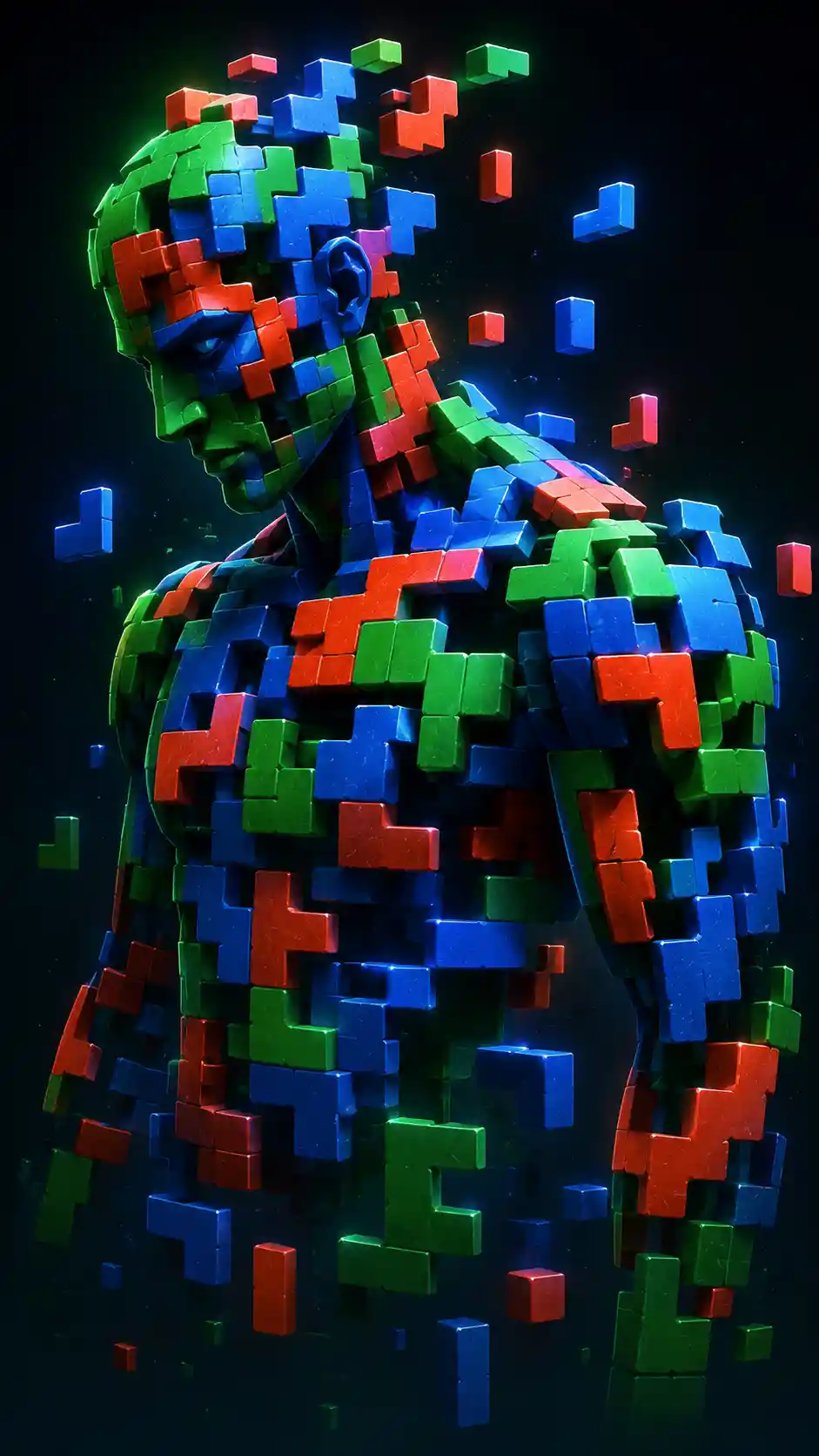 Abstract tetris like character built from floating colorful blocks