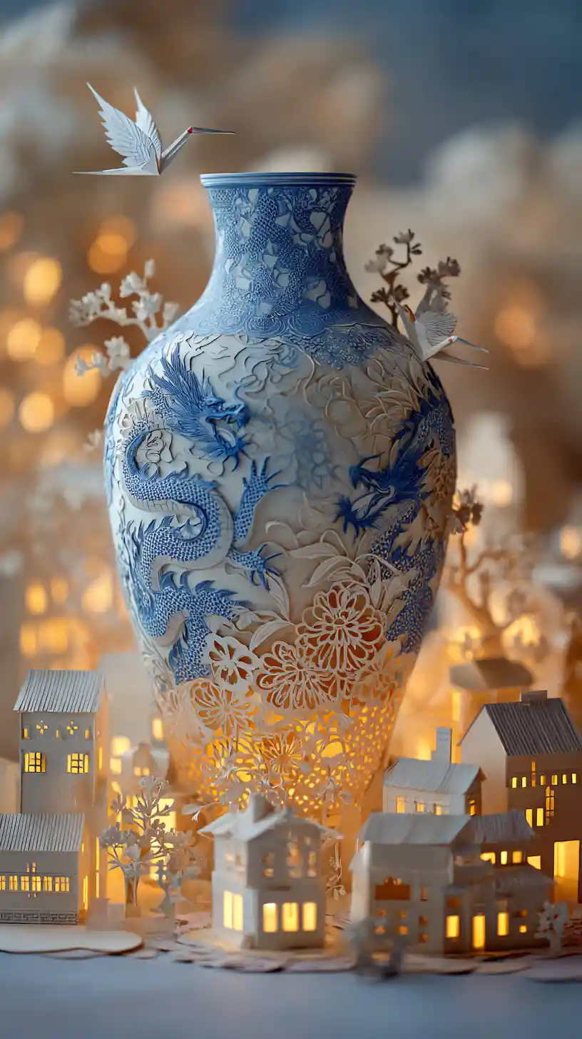 Layered paper diorama of a blue and white porcelain vase