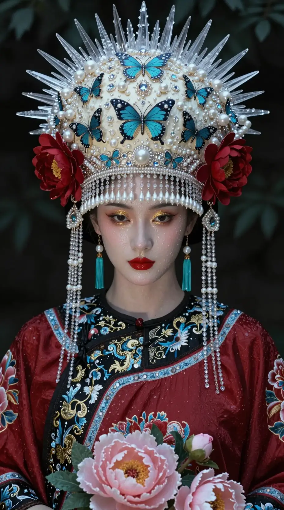Cinematic portrait of an East Asian woman in jeweled headdress