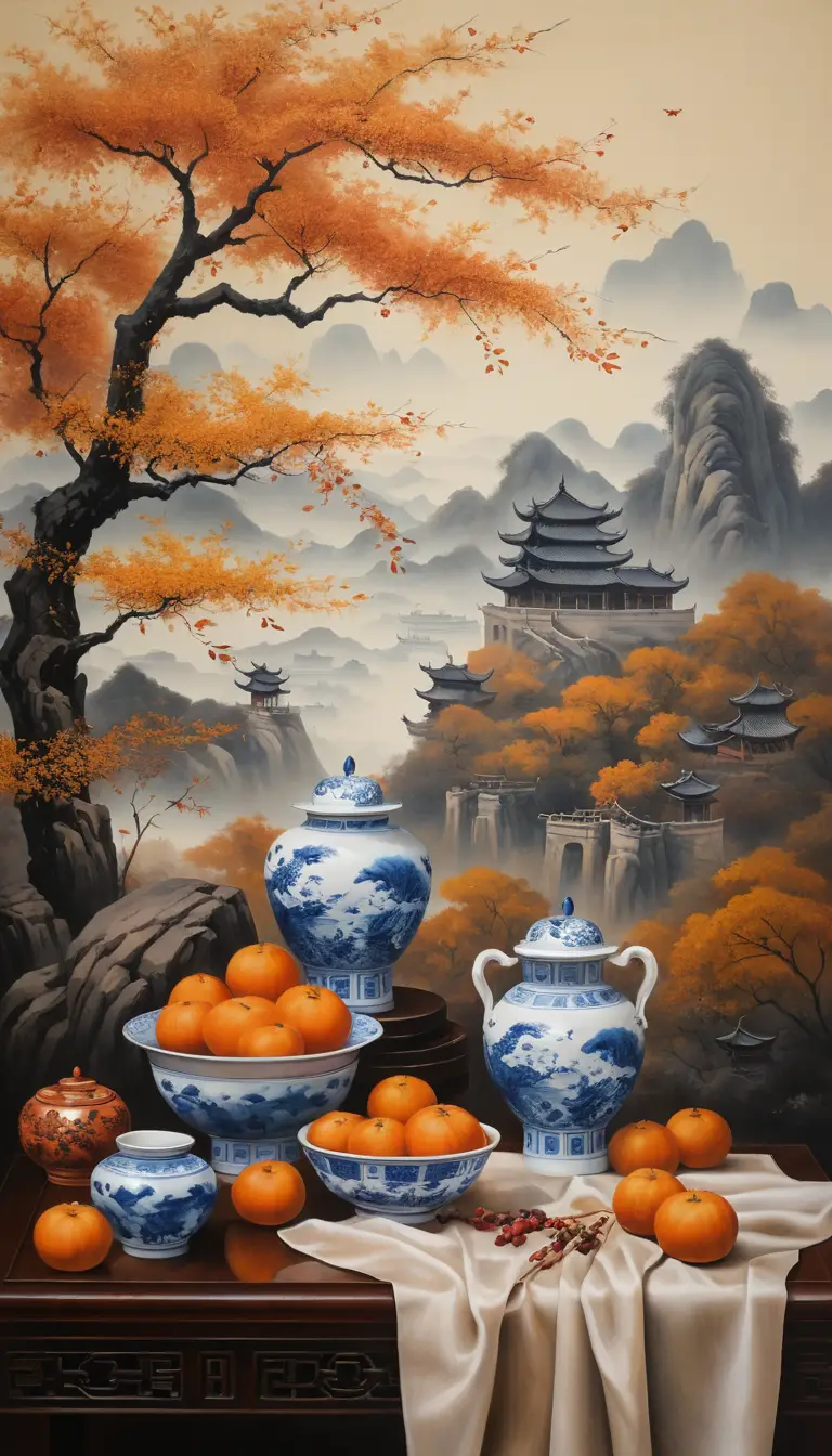 Evening still life before a traditional Chinese landscape