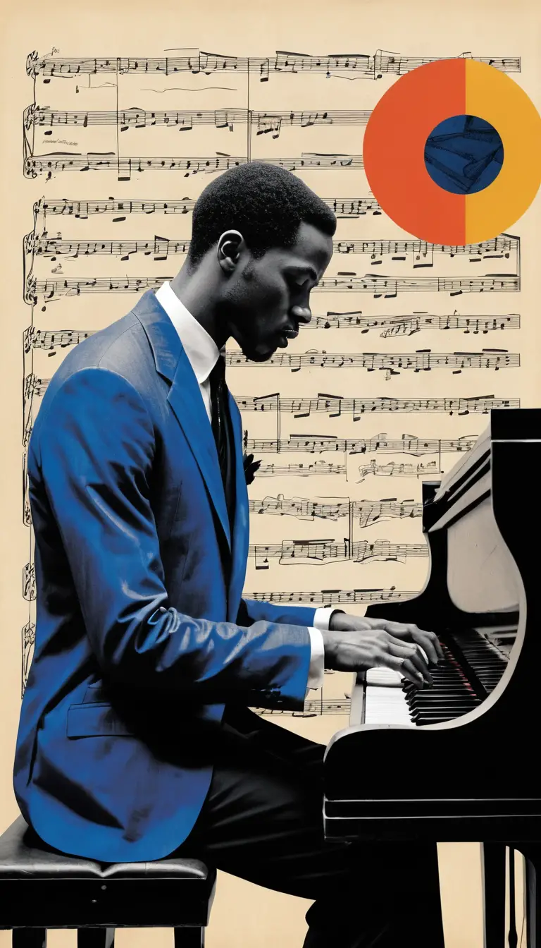 Jazz pianist collage in profile with vintage sheet music