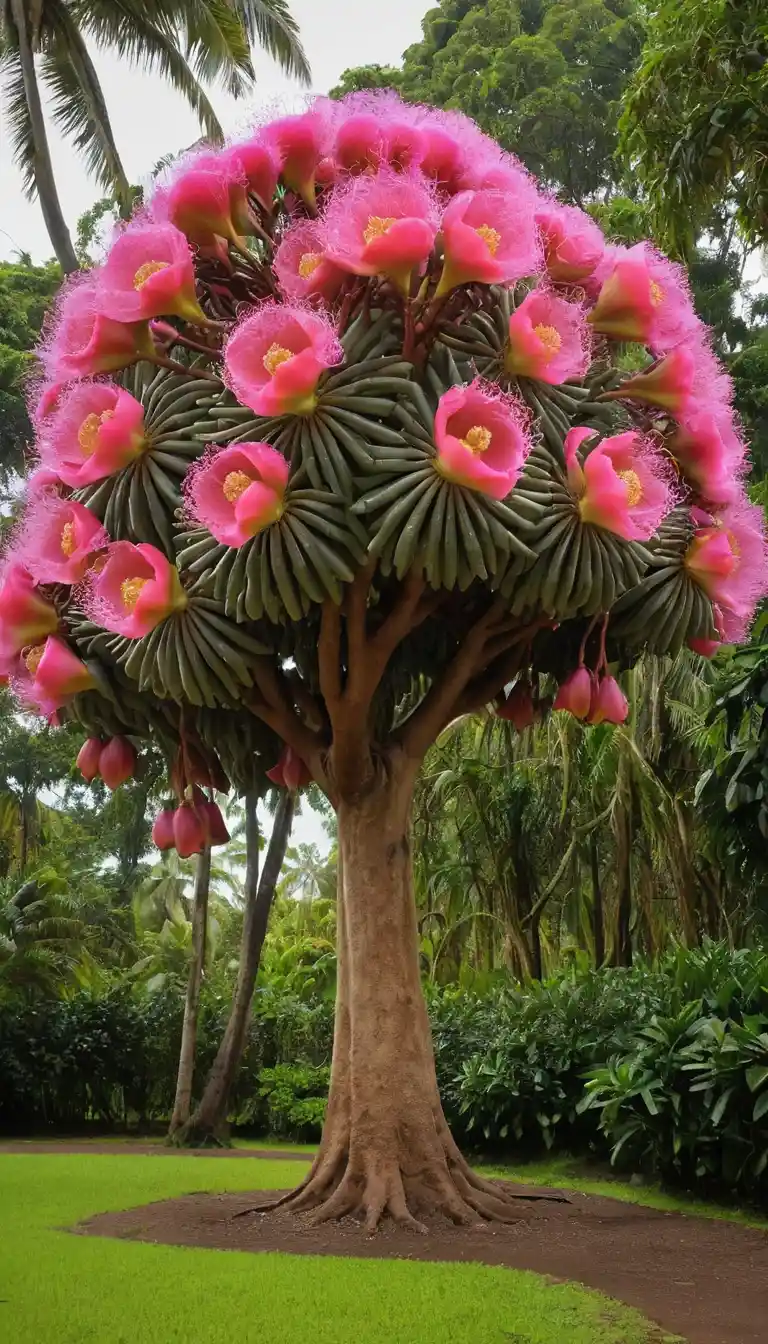 Colorful couroupita flower hanging from a tall tree trunk