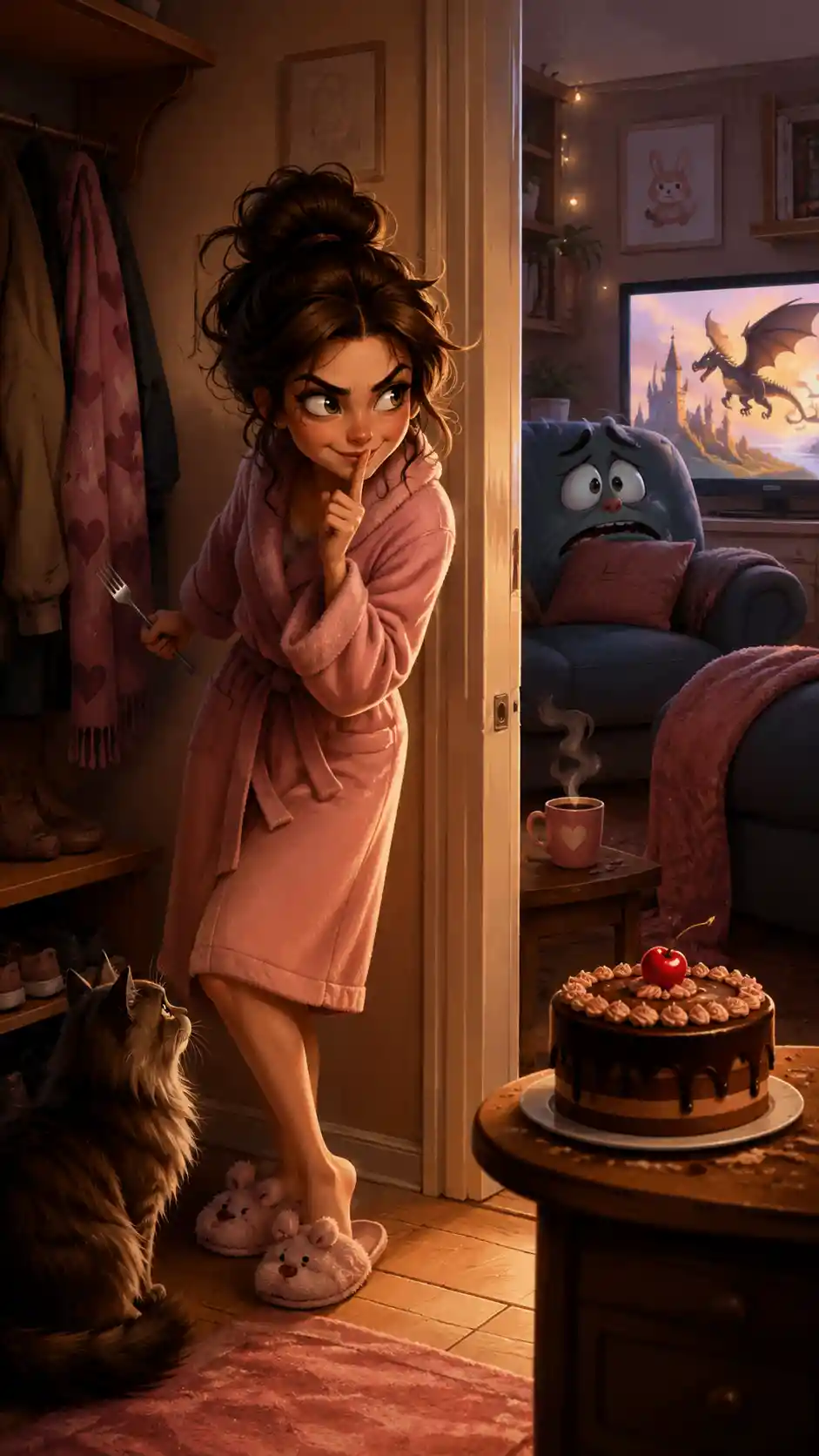 Woman in hallway plotting to secretly eat a cake