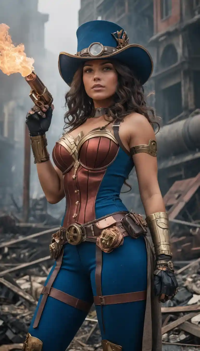 Steampunk warrior woman in a futuristic cityscape