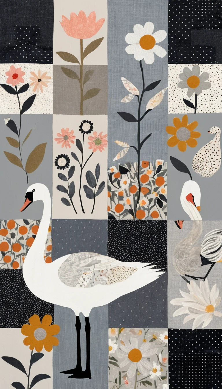 Patchwork collage birds against a simple gray background