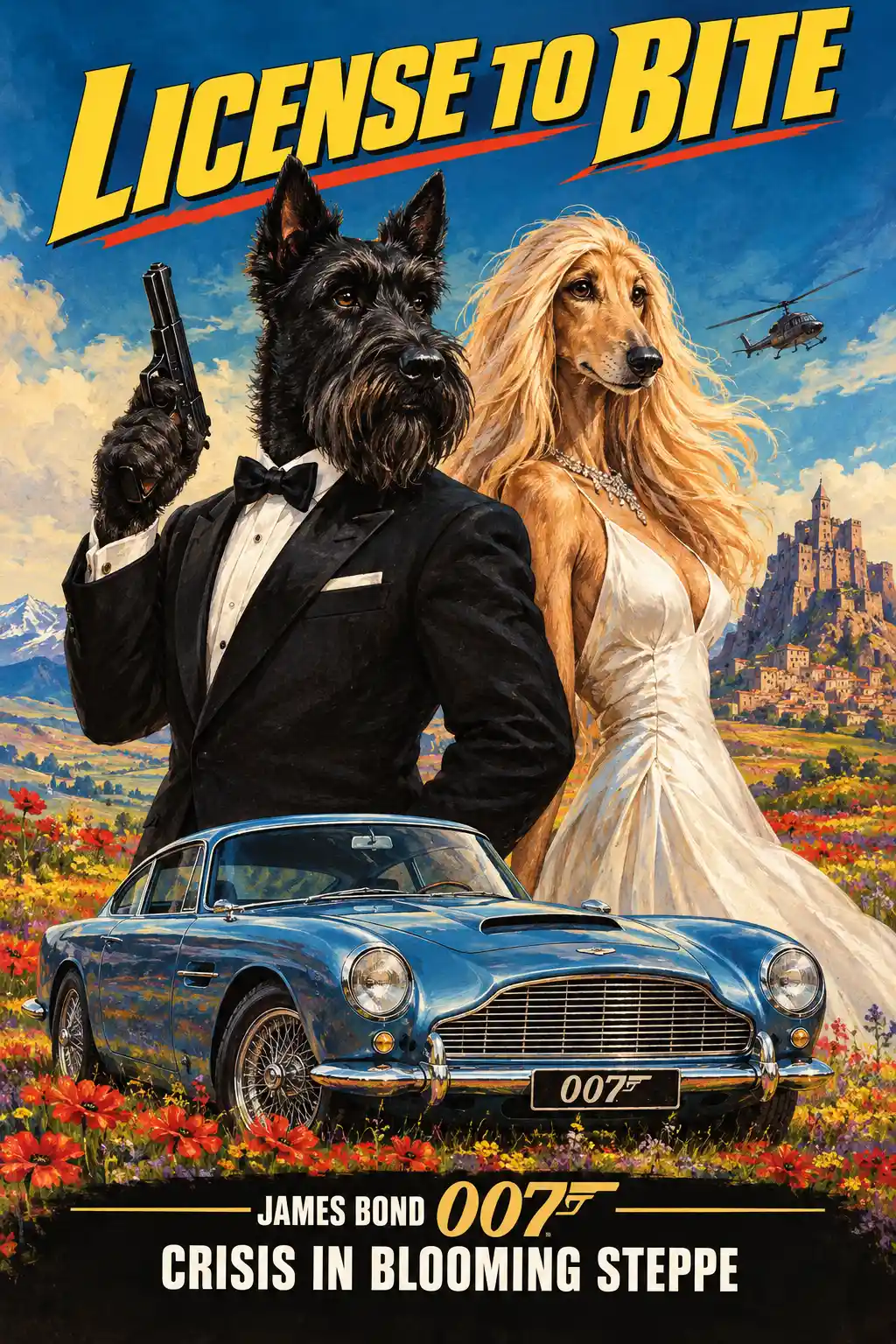 Chiens espions anthropomorphes sur une affiche de film pulp rétro