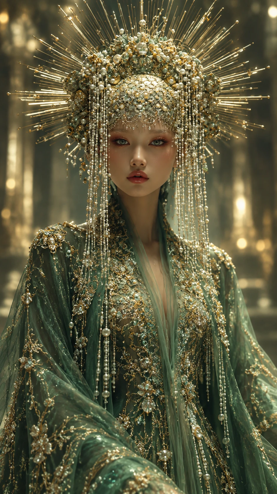 Femme éthérée en couture de soie émeraude avec coiffe ornée