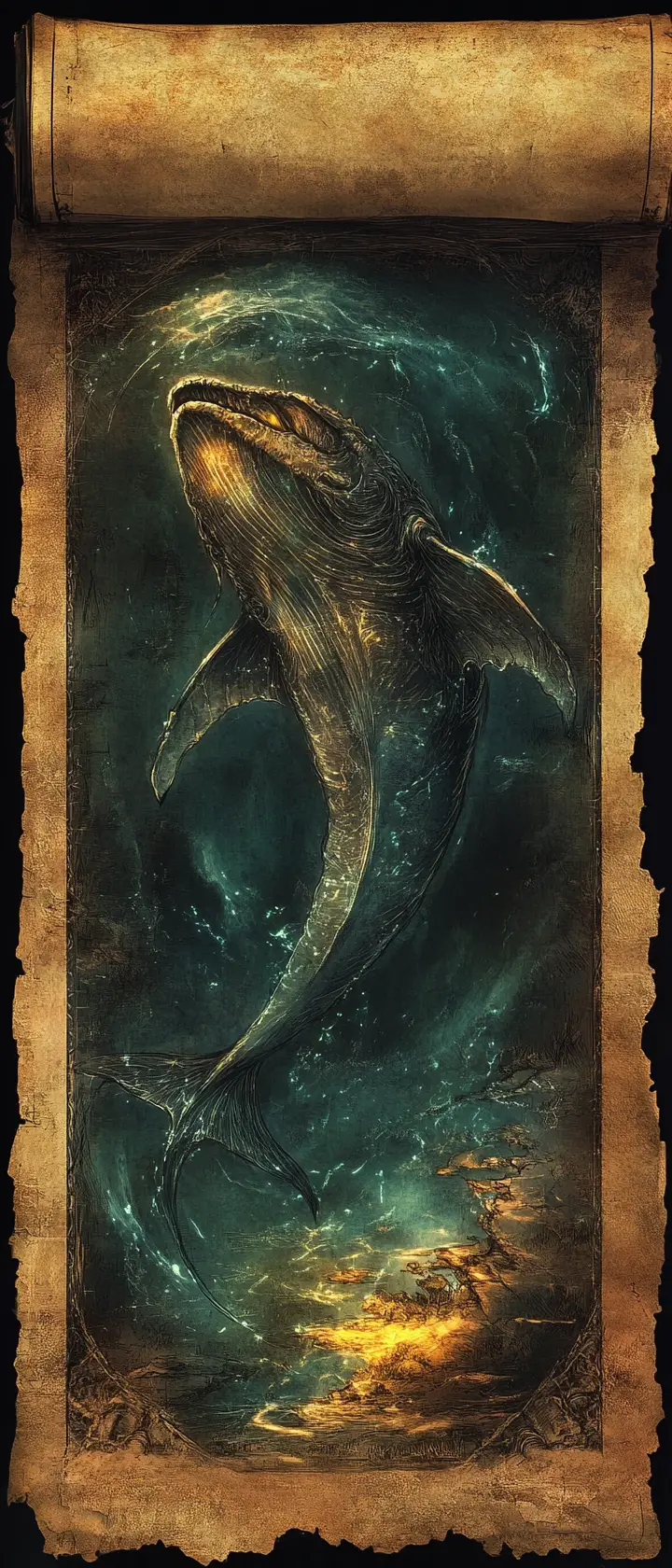 Bioluminescent sea monster emerging from an ancient map