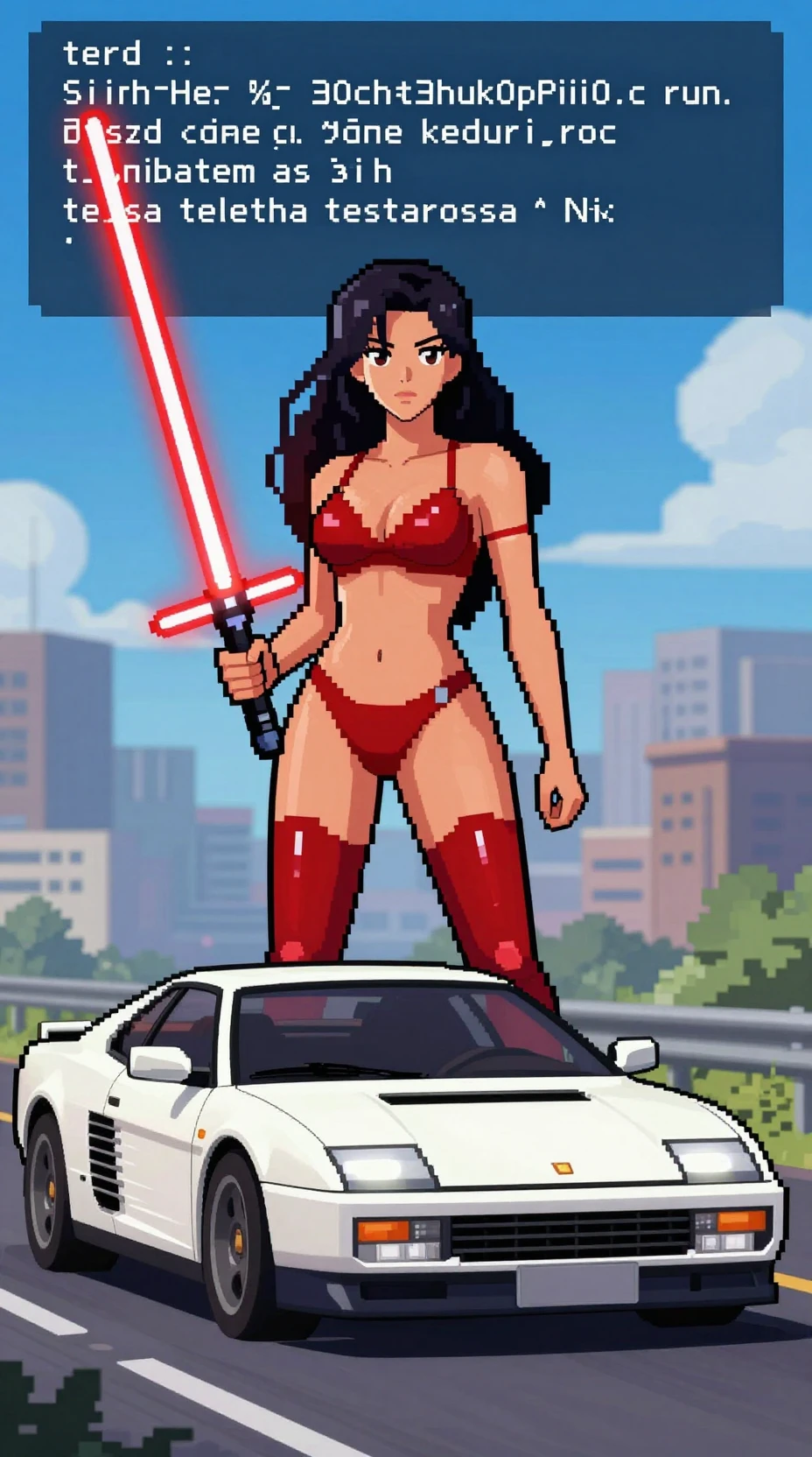 Pixel art anime woman wielding a red lightsaber in daylight