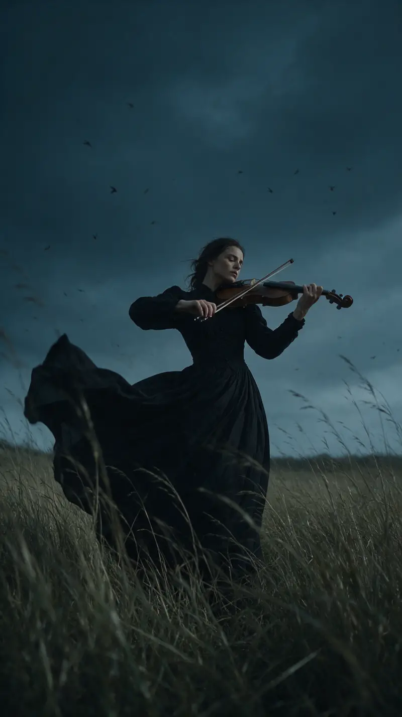 Woman in black dress playing violin in windy field