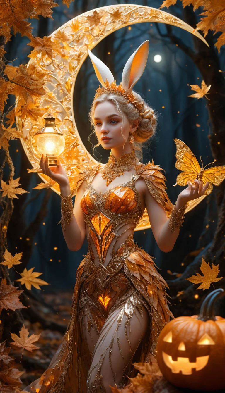 Autumn goddess on golden moon with glowing lantern