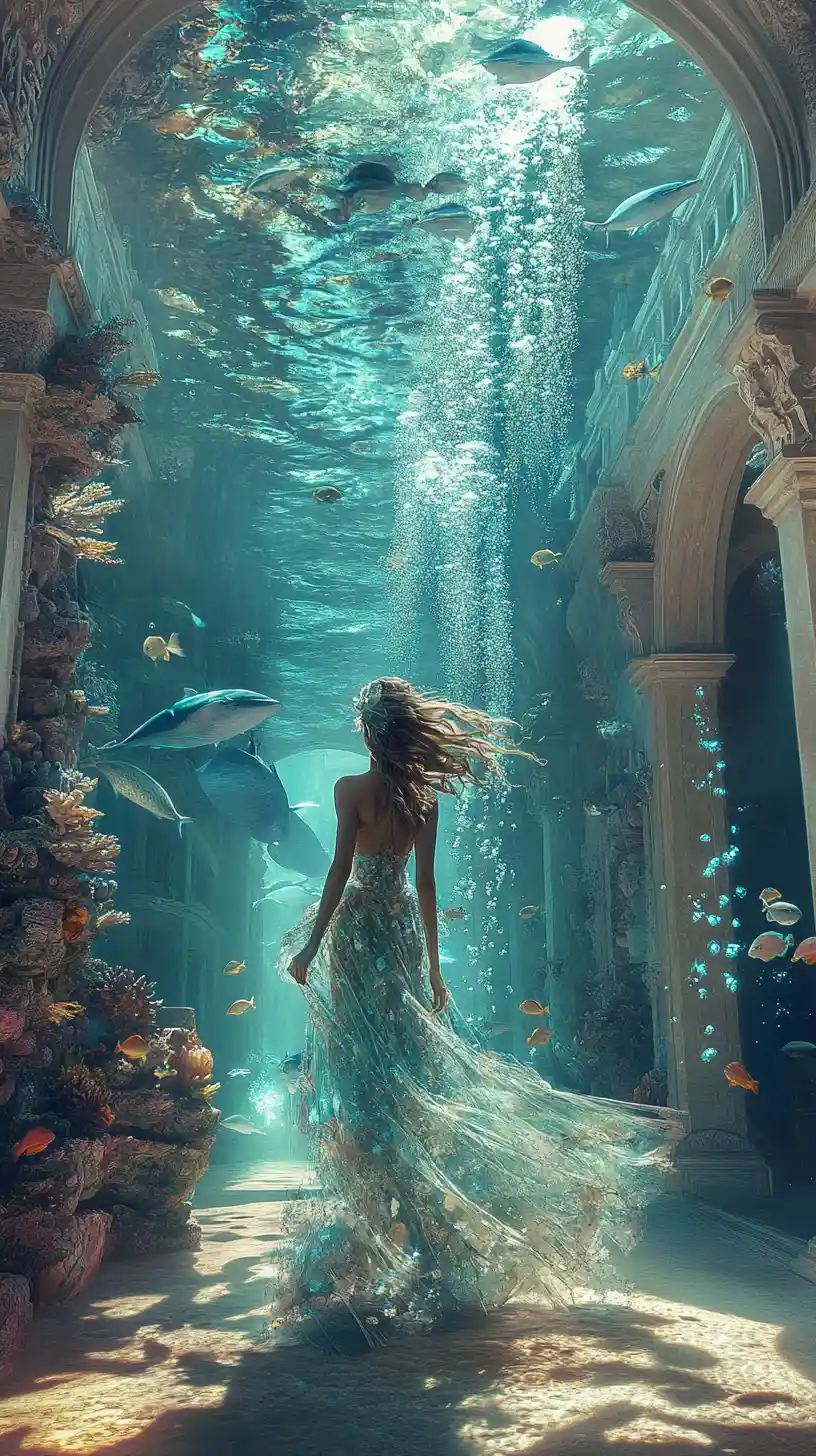 Mystical woman walking through a vast underwater crystal palace