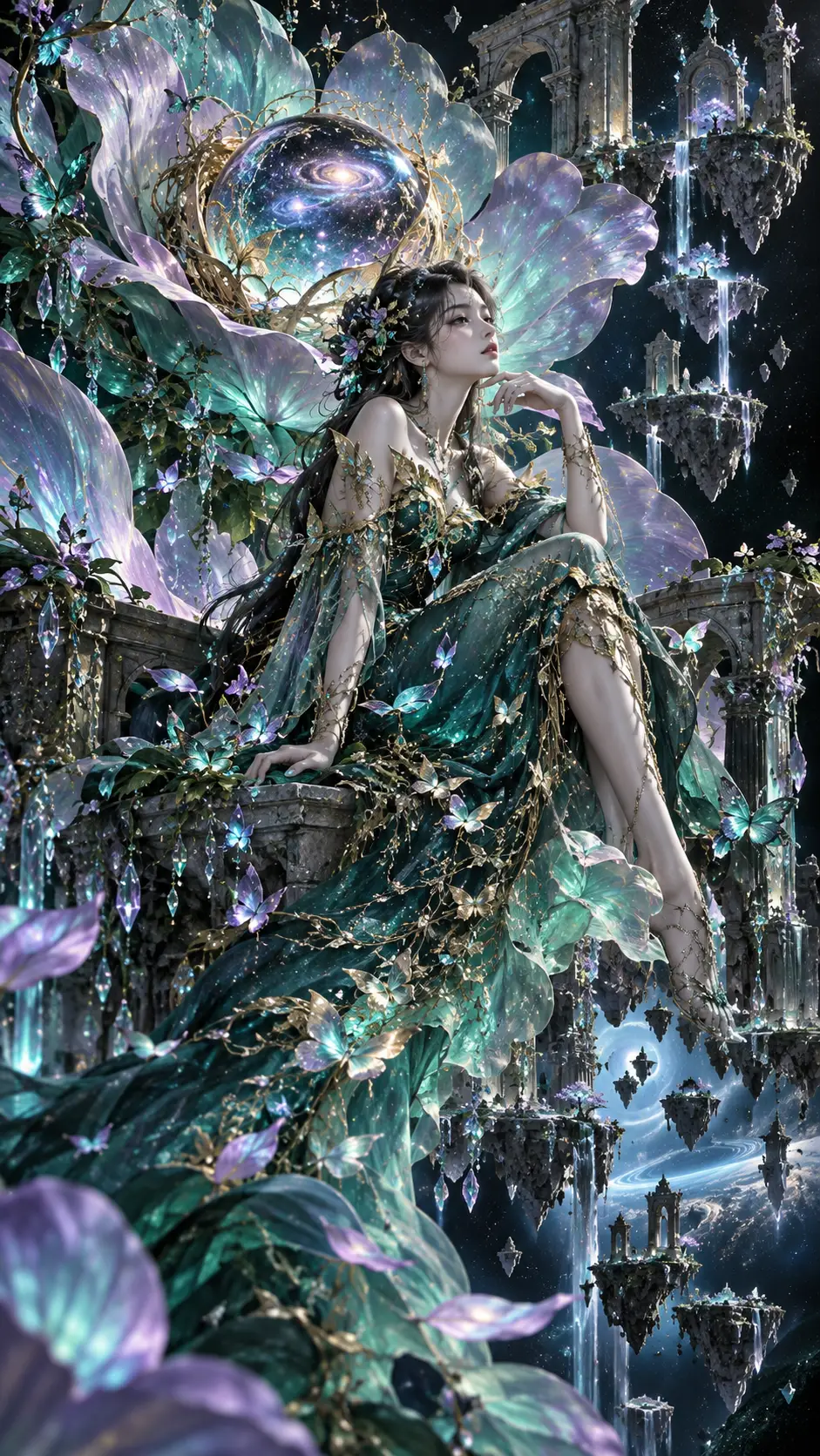 Majestic woman in a surreal dimensional garden
