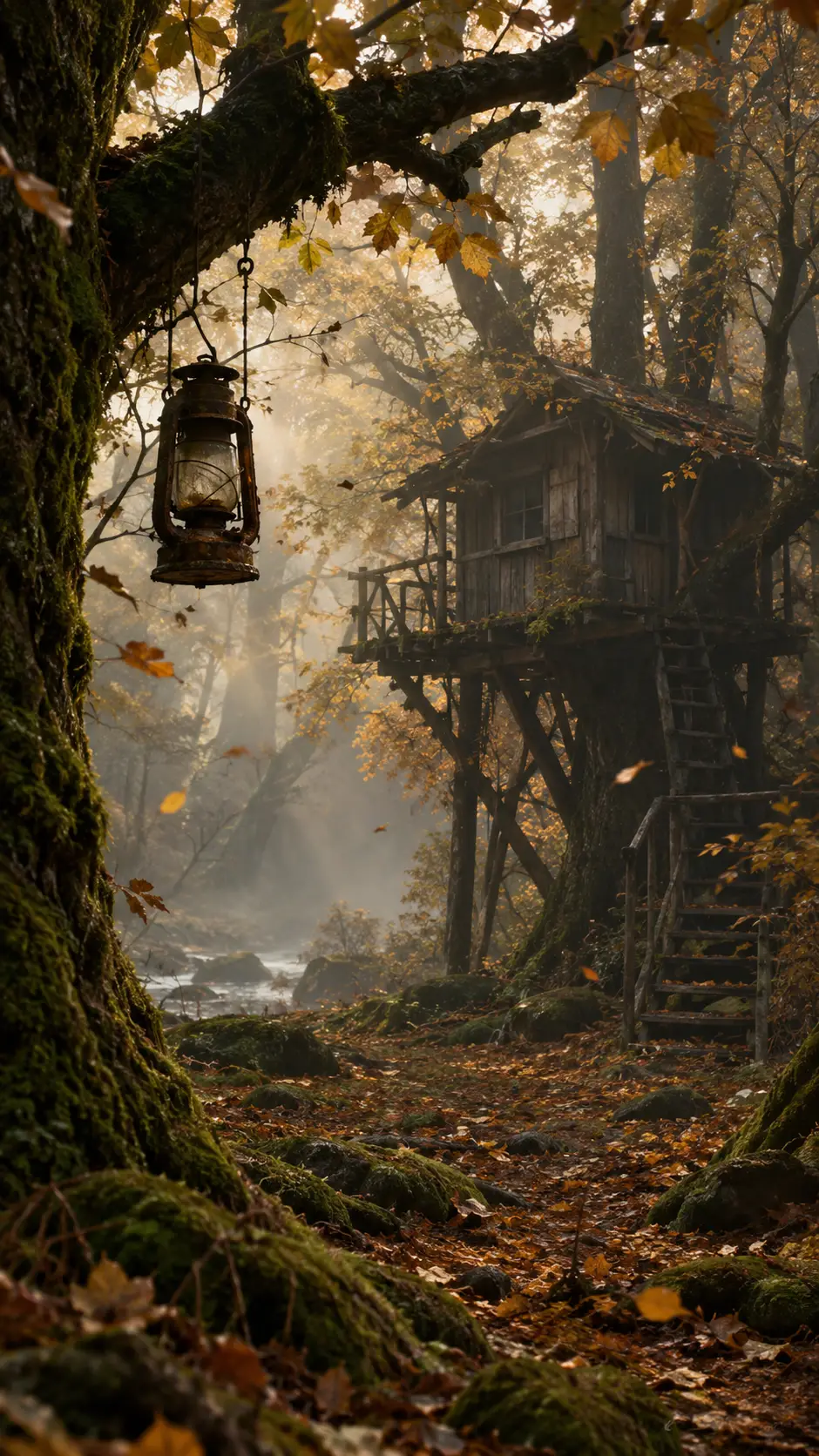 Abandoned wooden treehouse in a misty autumn forest