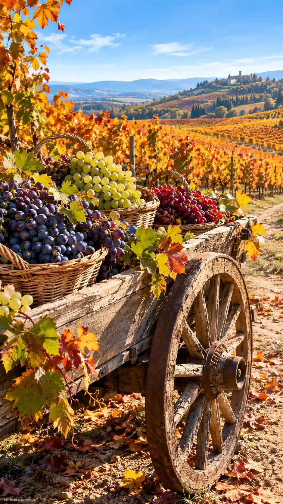 Sunlit autumn vineyard with rustic cart of ripe grapes