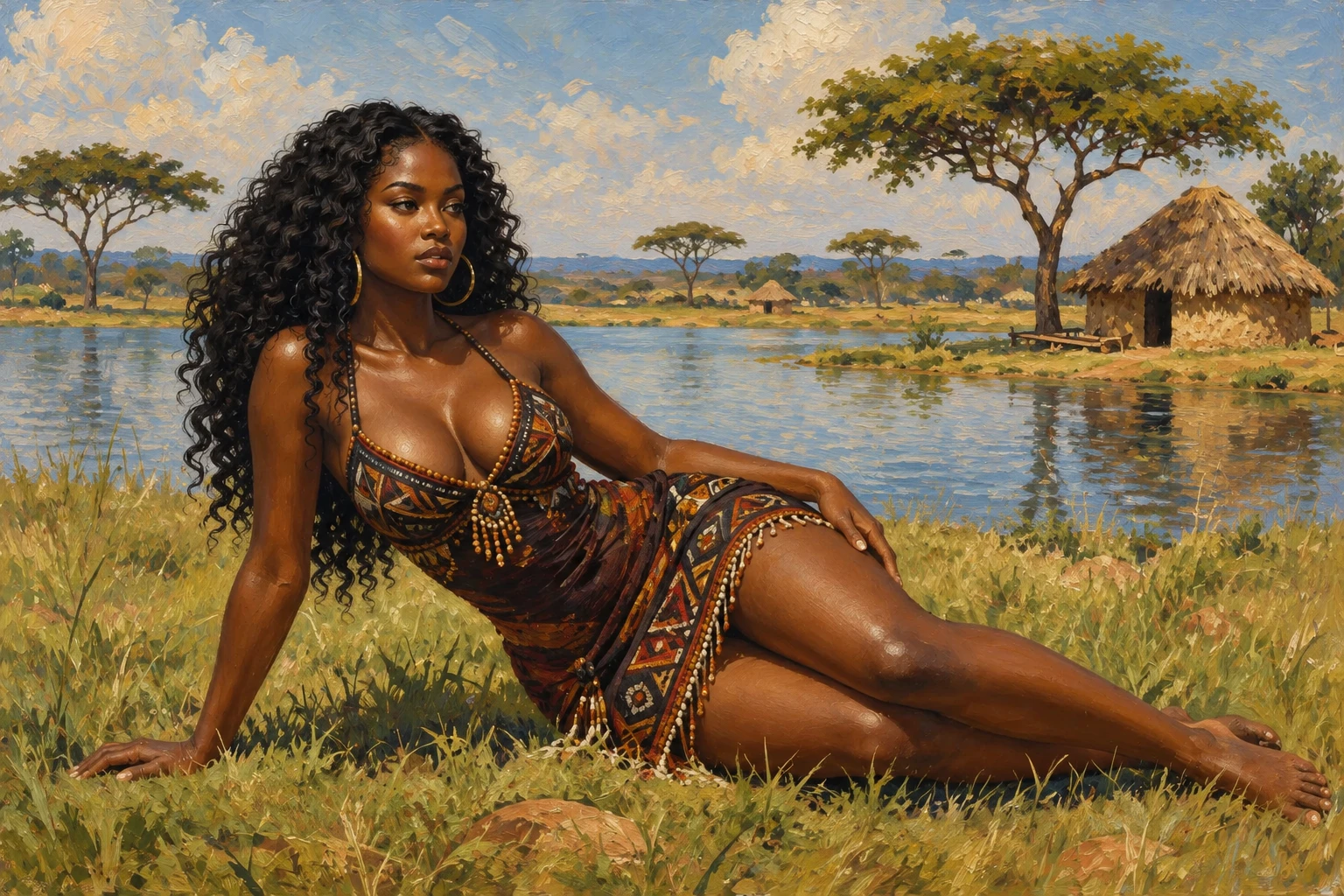 Mujer con vestido tribal tumbada junto a un tranquilo lago de la sabana
