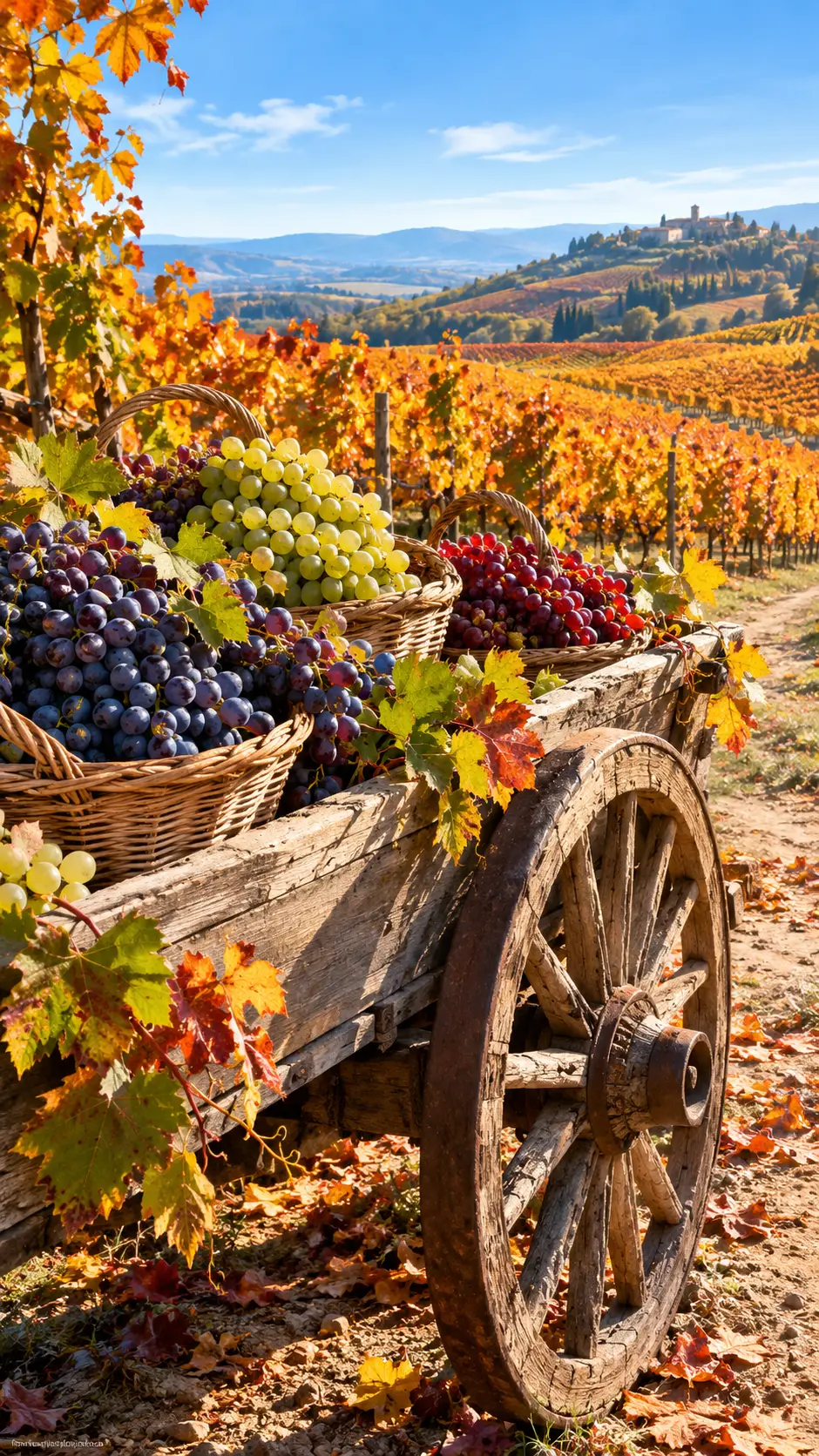 Sunlit autumn vineyard with rustic cart of ripe grapes