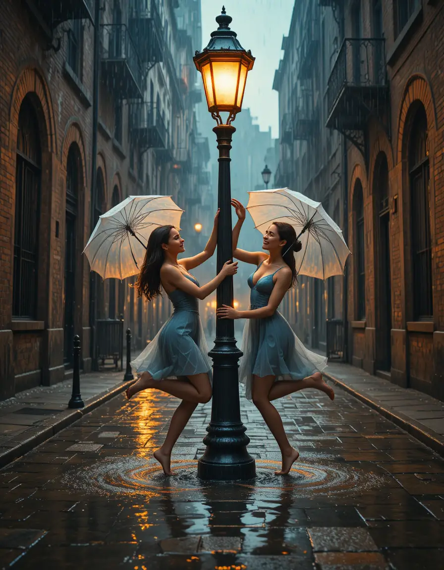 Two women dancing in the rain under a glowing streetlamp