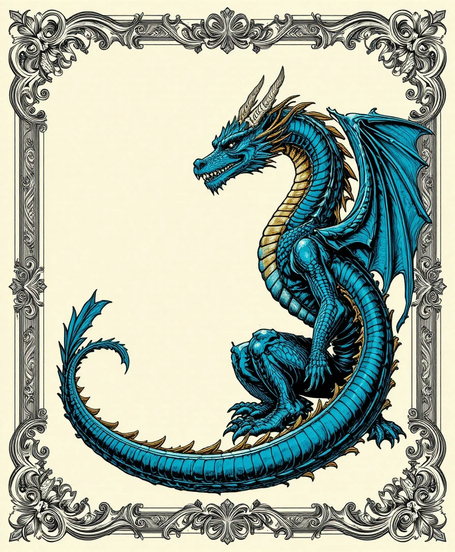Ornate certificate frame with heraldic teal dragon supporter