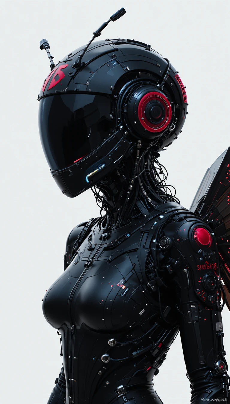 ラベル付き未来的な翼のあるメカてんとう虫ヘルメットの女性シルエット