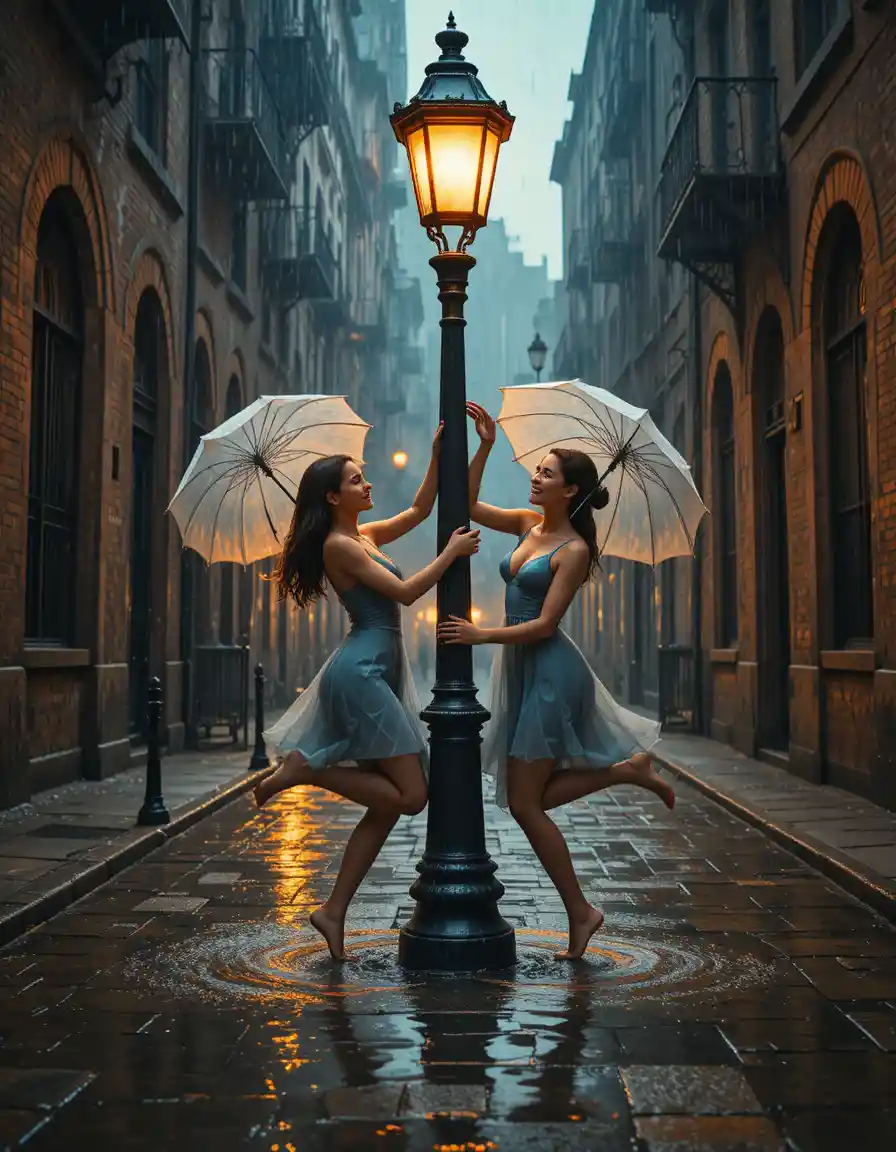 Zwei Frauen tanzen im Regen unter einer leuchtenden Straßenlaterne