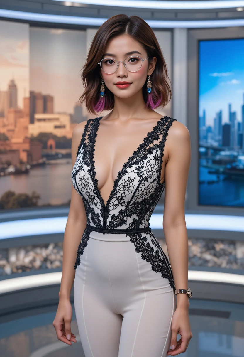 Confident Indochinese Weather Presenter In Stylish Lace Jumpsuit