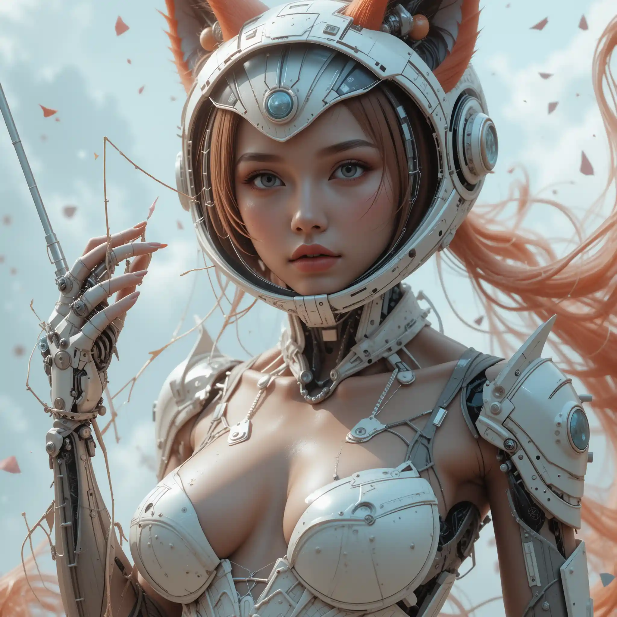 Femme renard cybernétique futuriste au visage humain flottant